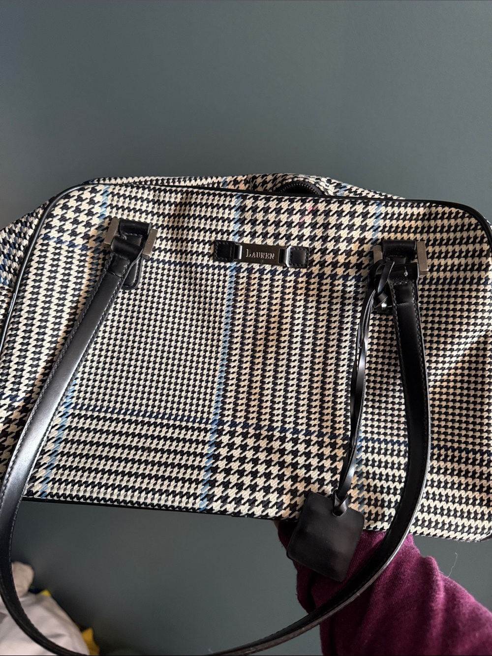 Lauren Ralph Lauren Black and Cream Houndstooth Tote with Blue Accents